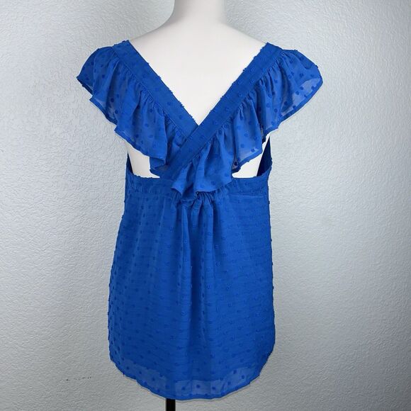 Kori Los Angeles Women's Square Neck Blue Top Puff Sleeve Swiss Dot Texture M - Picture 5 of 8